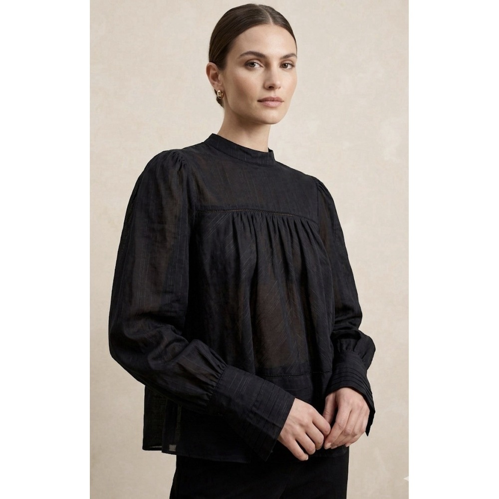 Club Monaco Black Sheer Pintuck Peasant Blouse